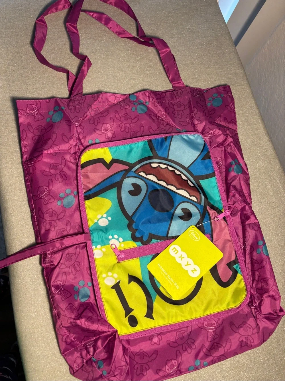 NWT Rare Find Disney Foldable Tote Bag with Stitch - Purple - Front Zip Pocket